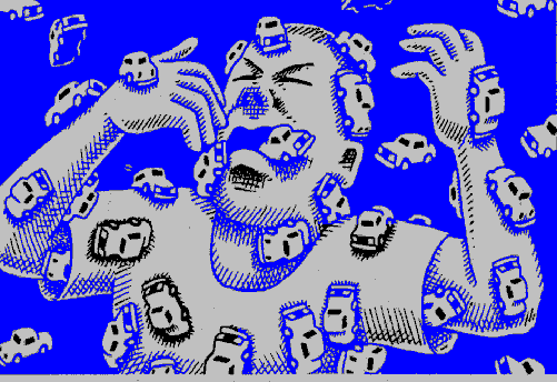 Illustrierende Zeichnung eines Menschen, der von Spielzeug gro&szlig;en Autos angegriffen wird.